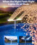 Solar Pool Fountain With 10 Color LED Lights, Auto Dusk Sensor and Timer, illuminating pool at dusk with dual head spray