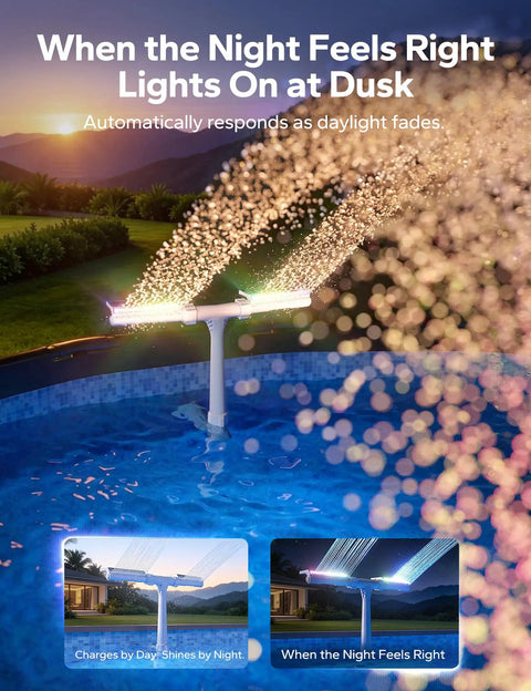 Solar Pool Fountain With 10 Color LED Lights, Auto Dusk Sensor and Timer, illuminating pool at dusk with dual head spray