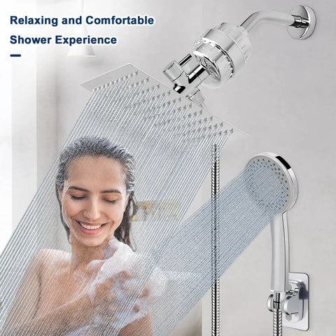 High Pressure 8 Inch Square Filtered Shower Head With 5 Settings Handheld Rain Style Shower Filter Kit installed in bathroom