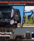 Cordless Tire Inflator With Pressure Gauge, Portable Air Pump shown compactly in car, backpack, and next to bike