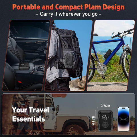 Cordless Tire Inflator With Pressure Gauge, Portable Air Pump shown compactly in car, backpack, and next to bike