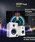 PC Speakers With Bluetooth 5.3, 3-Inch Full-Range Drivers Deliver 60W Peak, 30W RMS, Distortion-Free Stereo, white finish