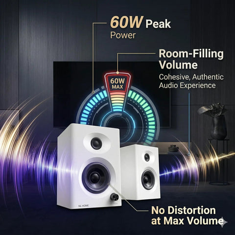 PC Speakers With Bluetooth 5.3, 3-Inch Full-Range Drivers Deliver 60W Peak, 30W RMS, Distortion-Free Stereo, white finish