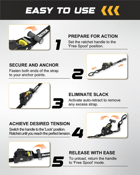 Instructional guide for Heavy Duty Self Retracting Ratchet Straps 10 Feet 1500 Lb Break Strength 2 Pack Retractable Tie Down Straps