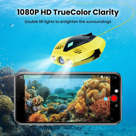 Palm Sized Dory Underwater Drone With 1080p Full HD Camera and app control displaying real-time underwater view and coral reef
