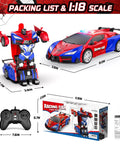 One Button Transform RC Car That Switches To Rad Robotic Mode Two Point Four Ghz Remote 360 Degree Spin And Drift Police Car With Lights One Eighteen Scale Transform Toy For Boys And Girls Ages Six To Twelve, showing police car, robot mode, remote, and box.