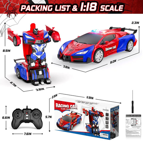 One Button Transform RC Car That Switches To Rad Robotic Mode Two Point Four Ghz Remote 360 Degree Spin And Drift Police Car With Lights One Eighteen Scale Transform Toy For Boys And Girls Ages Six To Twelve, showing police car, robot mode, remote, and box.