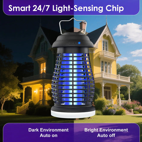 Cordless Mosquito Zapper For Outdoor And Indoor Use With 4200V High Voltage 4800mAh Rechargeable Battery Camping Light Portable Gnat Killer For Patio Kitchen Backyard And Garden, shown in front of a house.
