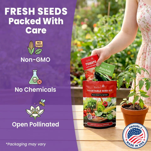 11 Heirloom Vegetable And Fruit Seeds Pack For Home Garden, Non GMO Open Pollinated Variety Bundle held by person next to plant