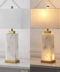 White Gold Modern Alabaster Rectangular Table Lamp With Night Light For Bedroom Coastal Vibe Bedside Lamp With White Linen Shade Includes LED Bulbs And Easy Fit Standard Socket For Modern Living Rooms And Bedrooms in two lighting conditions.