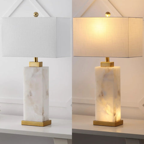 White Gold Modern Alabaster Rectangular Table Lamp With Night Light For Bedroom Coastal Vibe Bedside Lamp With White Linen Shade Includes LED Bulbs And Easy Fit Standard Socket For Modern Living Rooms And Bedrooms in two lighting conditions.
