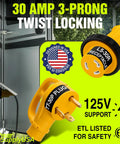 30 Foot 50 Amp RV Extension Cord With 4 Prong 14-50P And Twist Lock SS2-50R shown with 3-prong twist locking plug, ETL Listed 125V.