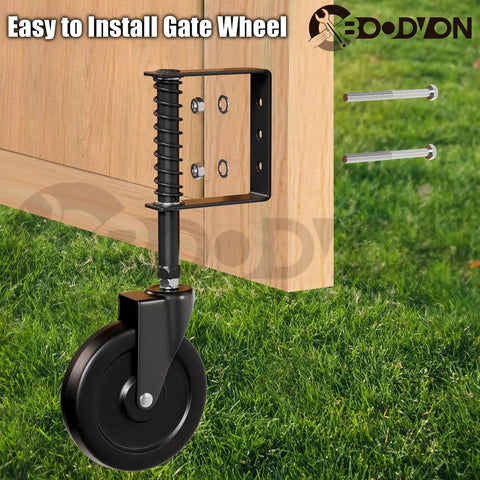 5 Inch Heavy Duty Gate Caster Wheel Set With Spring Loaded Shock Absorption And 360 Degree Rotation For Wooden Gates, Fences, And Metal Tube Gates, 220 Lb Capacity, Black, 2 Pack; visible mounted on wooden gate