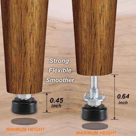 Sixteen Piece Set M6 Thread Adjustable Furniture Levelers with swivel screw, showing minimum and maximum height with non-slip pads.