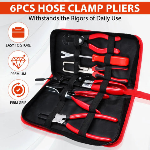 Six-Piece Fuel Line Pliers Set For Hose Clamps And Fluid Lines With 30-Degree Disconnect Pliers in storage case