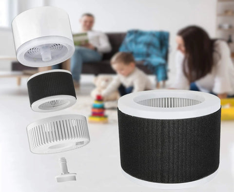 EPI810 Replacement Filter For KOIOS And MOOKA Air Purifiers Three Stage H13 Filtration Two Pack with family in background