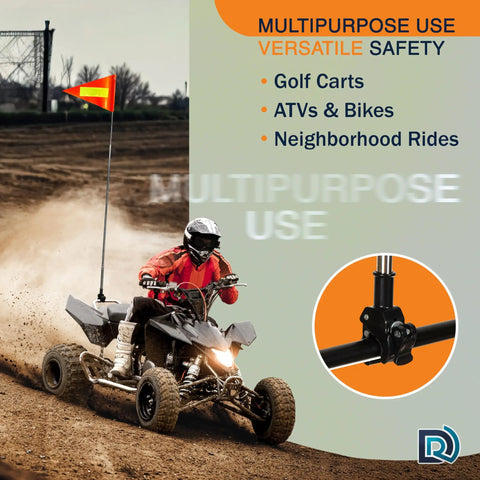 Orange Golf Cart Safety Flag Kit With 8x12 Inch Flag Reflective Strip And 5 Ft 4 In Telescoping Pole on vehicle