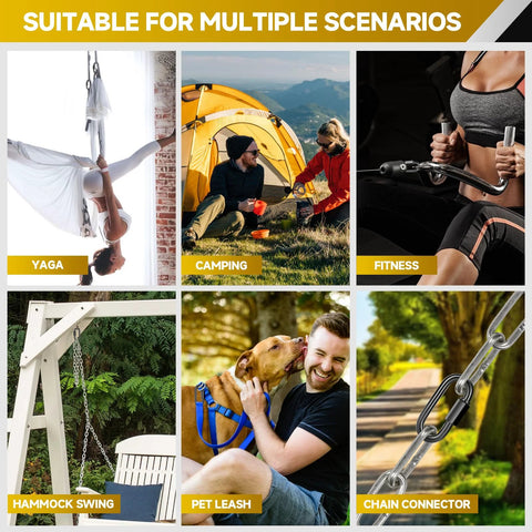 Collage showcasing uses of Four Pack 4 Point 2 Inch Quick Link Chain Connectors With 2800 Lbs Capacity M12 Heavy Duty for outdoor activities.