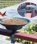 Deck Mounted Bird Bath With Solar Fountain, Weatherproof Metal Bubbler on balcony rail, featuring adjustable stand, antique copper finish.