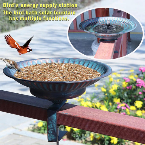 Deck Mounted Bird Bath With Solar Fountain, Weatherproof Metal Bubbler on balcony rail, featuring adjustable stand, antique copper finish.