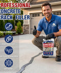 Man holding Heavy Duty Concrete Crack Filler Self Leveling Cement Sealant Gray Caulk for repairing driveway cracks.