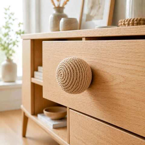 Chill Cozy Boho Rustic Jute Rope Cabinet Knobs Set For Dresser Drawers Nautical Style Wood Knob Pulls 1.26 Inch Close-up