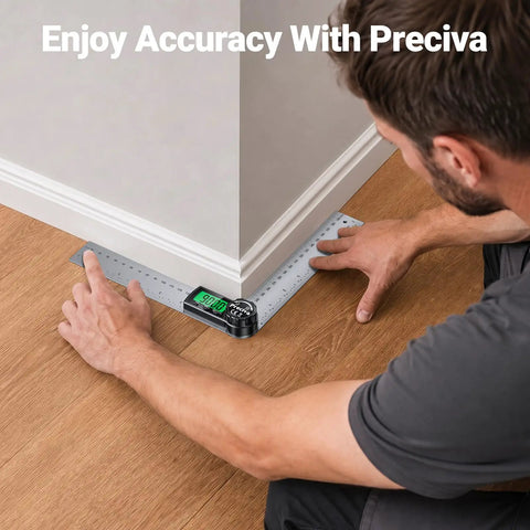 Hassle Free Rechargeable Digital Angle Finder With Type C Charging Auto Shut Down And Straight Up Precision For Heavy Duty Woodworking Carpentry And Quick Handyman Installations Game Changer measuring angle at a corner on wooden floor.