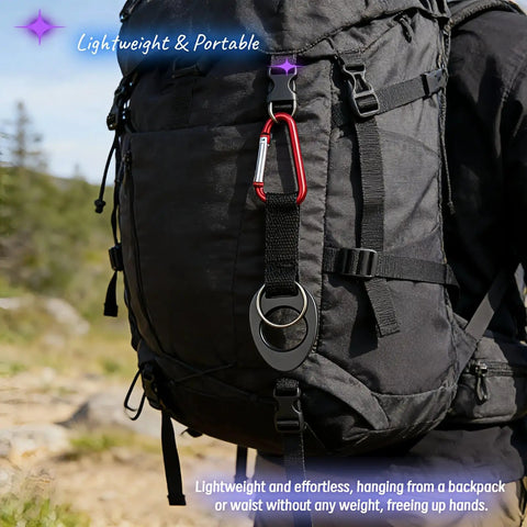 Durable Silicone Water Bottle Holder With Carabiner Clip And Key Ring Fits 12 To 25 Oz Bottles on backpack in outdoor setting