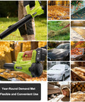 Cordless Leaf Blower With Dual 4Ah Batteries And Charger in use for lawn care and garden maintenance, shown in multiple scenarios.