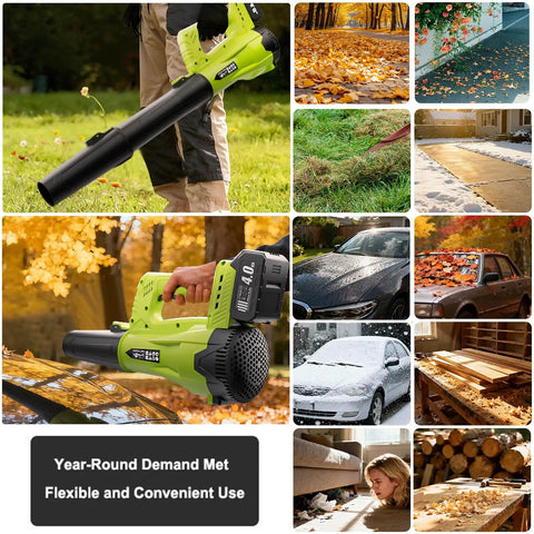 Cordless Leaf Blower With Dual 4Ah Batteries And Charger in use for lawn care and garden maintenance, shown in multiple scenarios.