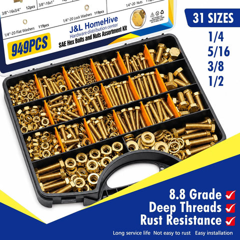 Heavy Duty Grade 8 Zinc Yellow Coated Bolts And Nuts Assortment Kit With Case For Auto Repair And DIY Projects One Quarter Twenty Five Sixteenths Eighteen Three Eighths Sixteen One Half Thirteen Hex Bolts Nuts And Washers Set For Garage Or Shop Use, 949-piece case