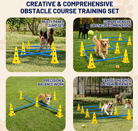 Dog Agility Training Kit With 12 Cone Hurdles And Adjustable Jump Bars used by dogs in backyard obstacle course