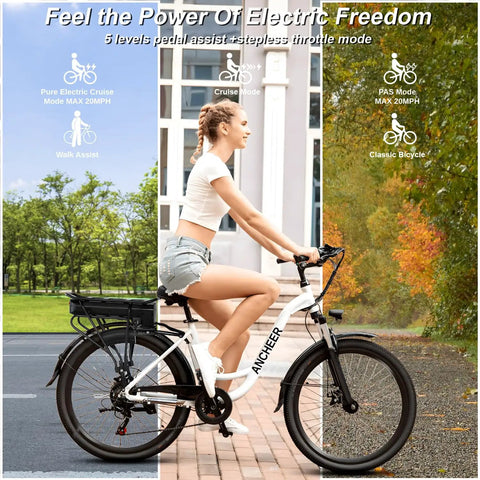 Woman riding Electric Bike For Adults 26 Inch Commuter E Bike With 48V 500Wh Removable Battery Fast Charge outdoors.