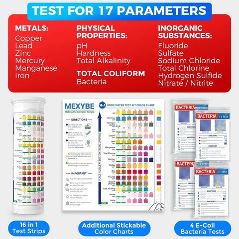 Top Tier Home Water Test Kit For Drinking Tap And Well Testing with detailed color chart and test strips for metals and bacteria.