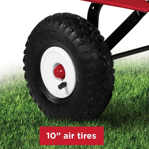 Close-up of 10-inch air tire from the All Terrain Kid Friendly Wagon For Outdoor Fun And Cargo Rolling Cart With Steel And Wood Build Beach Cart