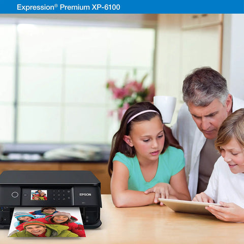 Slick Wireless Color All In One Inkjet Printer Featuring Killer Five Color Photo System For Crisp Documents And Legit Eight By Ten Prints Perfect For Your Home Office Setup Or Creative Project Workflow with family enjoying printed photo.
