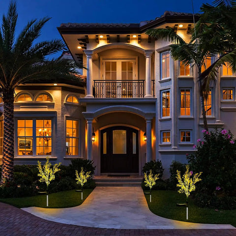 Outdoor Solar Garden Lights 4 Pack Dusk To Dawn Golden Flower Stakes With IP65 Waterproof Bigger Solar Panel 7 Stems illuminating pathway