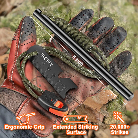 Go-To 6 Inch Ferro Rod Fire Starter Kit with 3/8 Inch Rod, 6-in-1 Scraper, Paracord, and Whistle on gloves