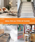 16 Pack Anti Slip Rug Pads Dual Sided Washable And Reusable Non Slip Carpet Corner Holders To Prevent Rug Curling Plus Strong Adhesive Rug Tape For Hardwood Tile And Laminate Floors, shown on various floors in home settings.