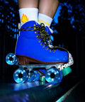 Lit Up Roller Skate Wheels With Bright Dots And ABEC 9 Bearings Installed 65mm By 35mm 82A Eight Pack on blue skates at night