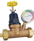 3/4 Inch Bronze PEX Water Pressure Regulator With Gauge Double Union Lead Free With Built In Bypass Gauge For Quick Reads