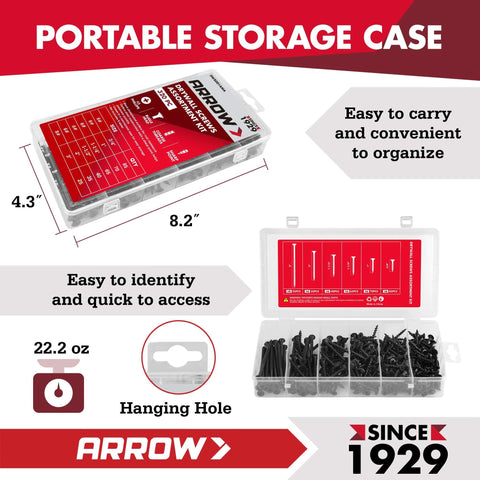 Open storage case of Drywall Screws Assortment Kit, 320 Piece Black Coated Wood Screws Set In Sizes Six And Eight, labeled compartments.