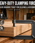 Beefy Heavy Duty Deep Reach C Clamp For Welding And Woodworking Extra Deep Throat Reach Four Point Three Inch And Two Point Eight Inch Jaw Opening Forged Steel G Clamp With Trapezoidal Thread And Swivel Pad For DIY Craft Projects on stacked wood boards