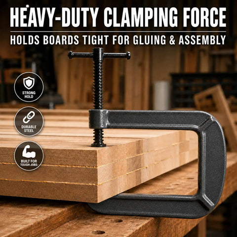 Beefy Heavy Duty Deep Reach C Clamp For Welding And Woodworking Extra Deep Throat Reach Four Point Three Inch And Two Point Eight Inch Jaw Opening Forged Steel G Clamp With Trapezoidal Thread And Swivel Pad For DIY Craft Projects on stacked wood boards