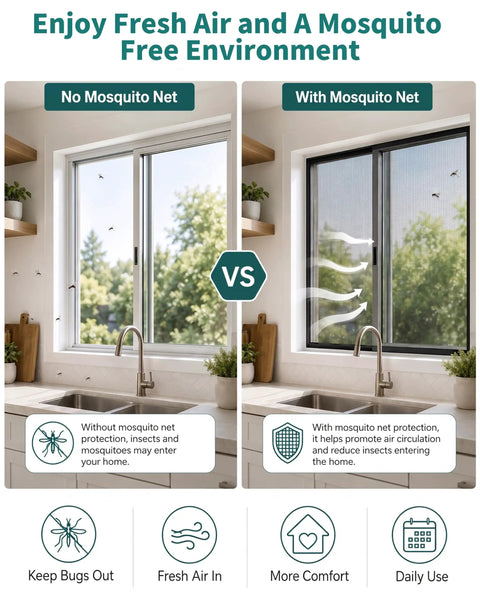 The Real Hassle Free Window Screen Door Repair Kit Featuring Self Adhesive Polyester Mesh Rolls Fastener Strips And Quick Fix Patches For Any Home Project comparison of windows with and without mosquito net.
