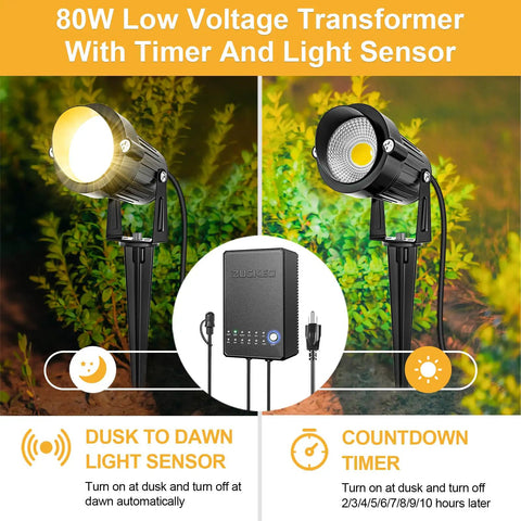 All In One Low Voltage Landscape Lighting Kit With 12 5W LEDs, 120 Ft Wire, 80W Transformer, Connectors, Waterproof Outdoor Spotlight