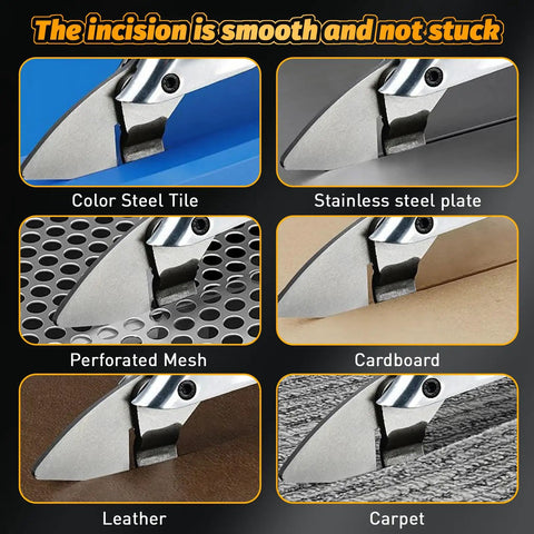 Close-up image of Cordless Sheet Metal Shear For 20V Battery, Boss Grade cutting various materials like tile and leather.