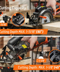 Beast Of A 5.8 Amp Circular Saw With Laser, 4-1/2 Inch Blade in action cutting wood at different angles with depth guide.