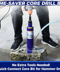 Blue 3-inch concrete core drill bit with SDS Max adapter attached to a drill for wet coring.