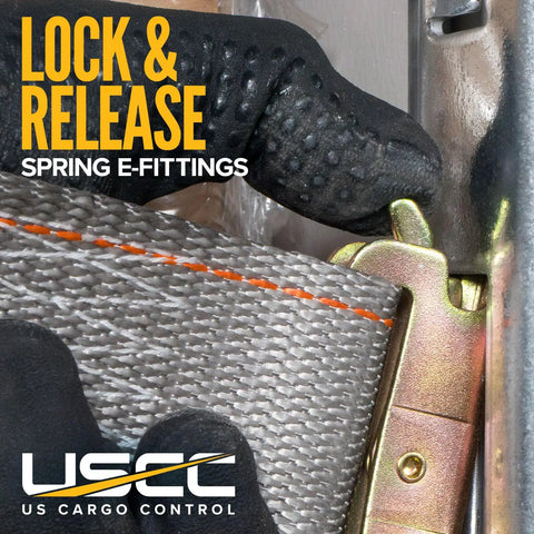 E Track Cam Buckle Tie Down Straps 2 Inch Wide 16 Foot Long 10 Pack With Spring E Fittings 2,500 Lbs Break Strength close-up use